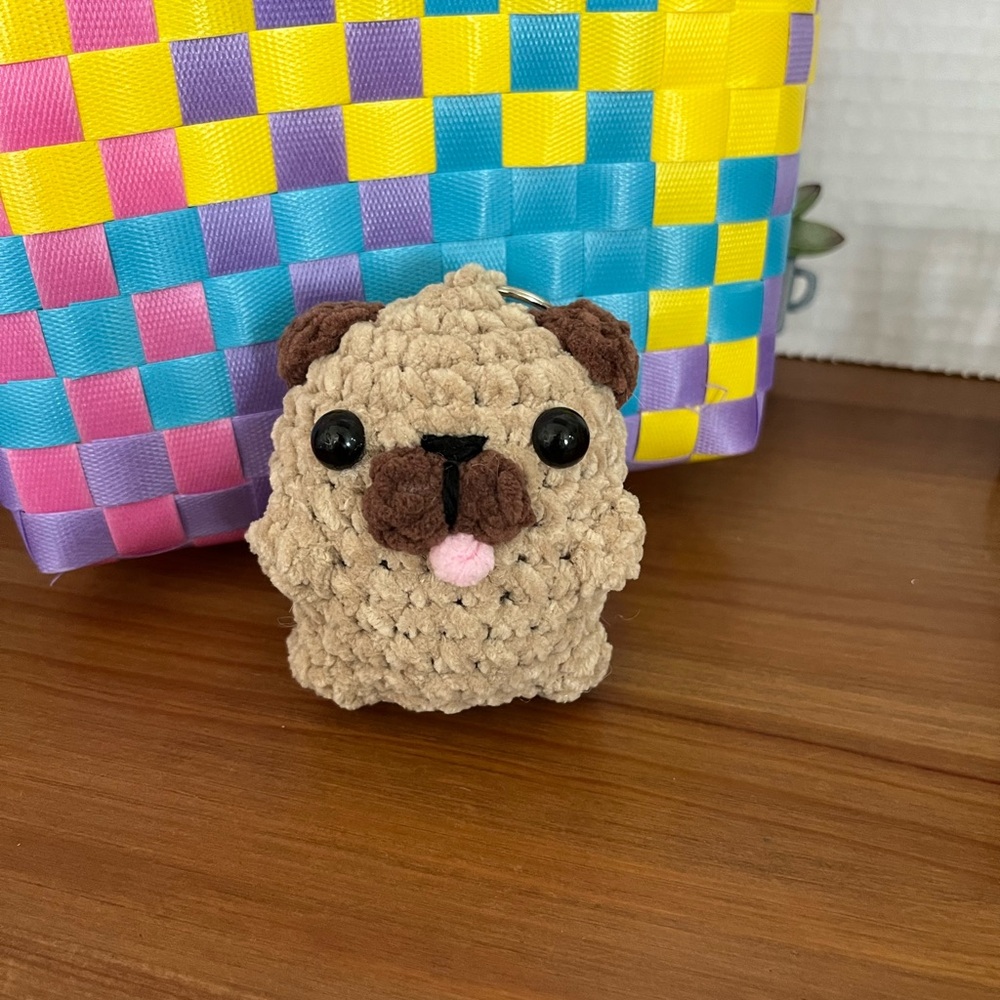 Tan and Brown Amigurumi Pug Keychain